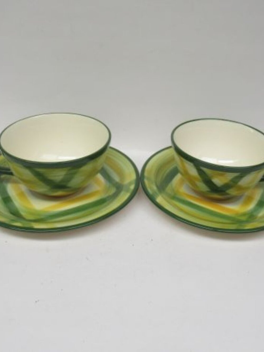 2 - Metlox Vernon Ware GINGHAM Tea or Coffee Cups and Saucers, Made In U.S.A.